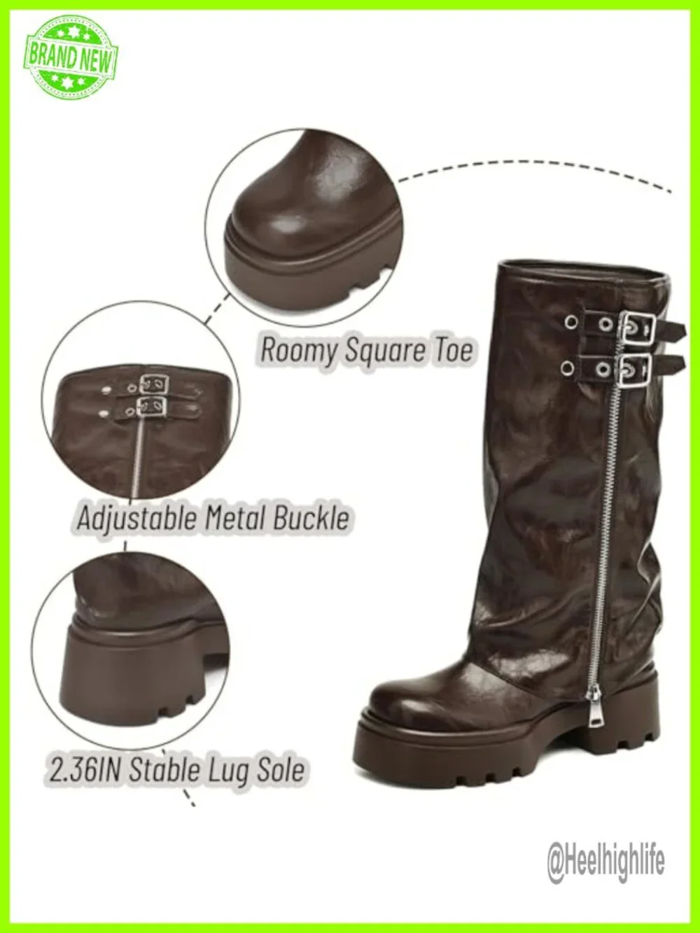 Fold Over Knee High Platform Moto Boots with Buckle Straps Chunky Low Heel Wide